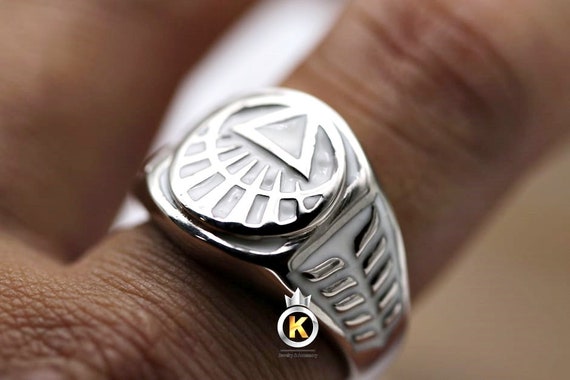 Green Lantern Inspired Ring 14K White Gold Solid Jewelry
