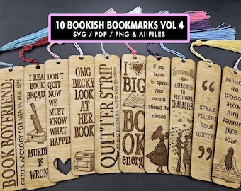 10 Bookish Bookmarks VOL4, Funny Bookmarks, Snarky Bookmarks Wooden Bookmarks, Glowforge, Laser Cutters, SVG Files, Craft Fair Item