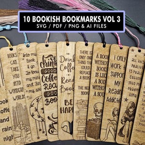 10 segnalibri Bookish VOL3, segnalibri paesaggistici, segnalibri in legno, file per Glowforge e laser cutter, file SVG, articolo per fiera dell'artigianato
