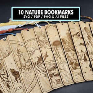 10 marcadores de naturaleza, marcadores de paisajes, marcadores de madera, archivos para Glowforge y cortadores láser, archivos SVG, artículo de feria de artesanía