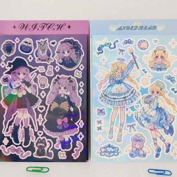 Kawaii girl deco sticker sheet, holographic angel bear sticker, magic witch night owl sticker, cafe maid lolita fairy wings stickers