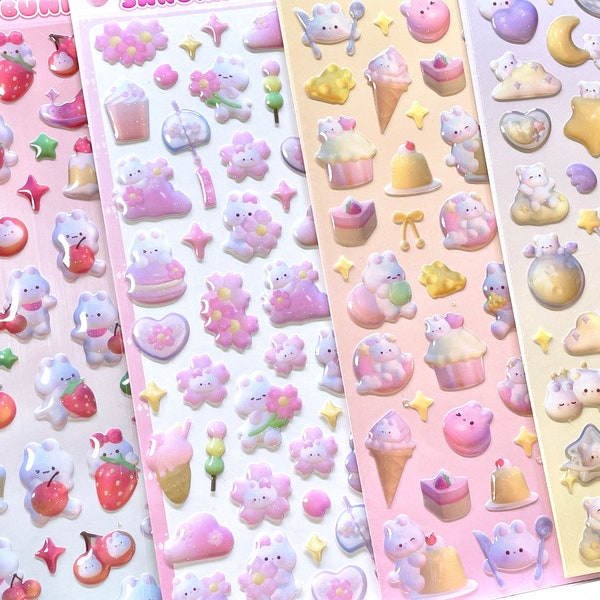 Kawaii epoxy sticker sheet, rose flower and bunny resin sticker, cute bunny clouds sticker, dessert Putin sticker sheet, sakura stickers