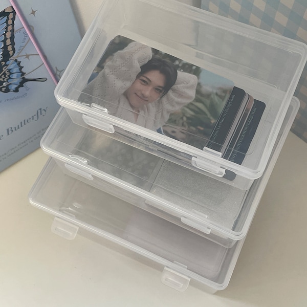 Minimalist flip lid card container, Kpop photo cards box, kpop card sleeves storage case, toploader container, simple clear plastic box