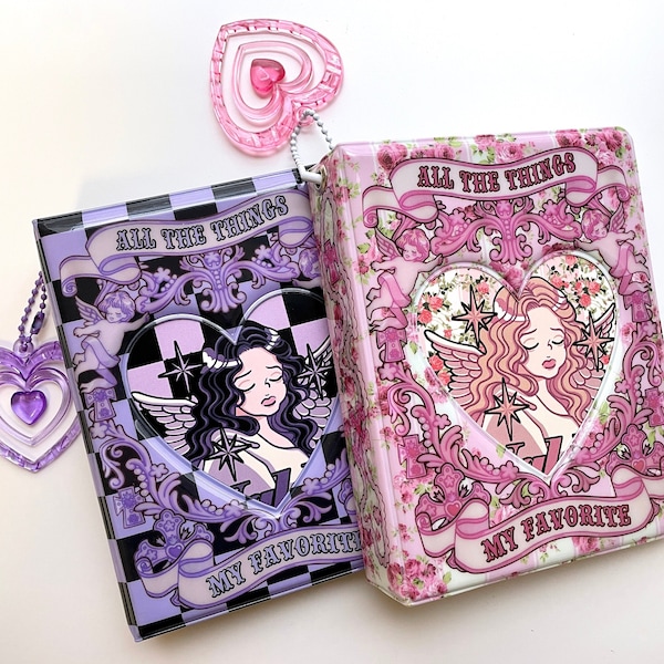 Floral cross baby angel girl Kpop photo binder, hollow heart purple black checked photo card collect book with beaded heart charm