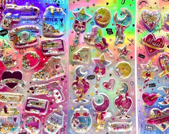 Holographic 3D puffy glitter filled shaker sticker sheet, magic wand sticker, halloween deco stickers