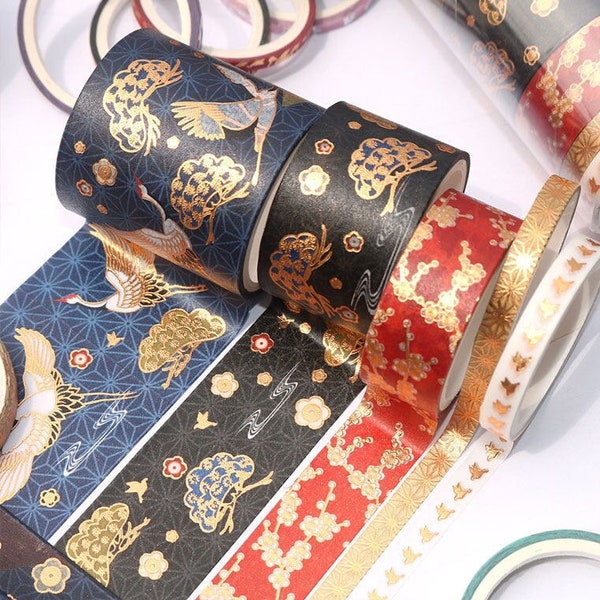 Set of 5 rolls Asian Culture washi tape, red crane washi tape, gold foil sakura Japanese style border washi tape