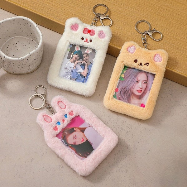 Kawaii fluffy card holder, cute plush bunny bear kpop idol photocard holder, card sleeves, ID card, badge holder