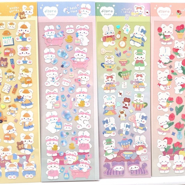 Kawaii kpop toploader deco sticker sheet, cute bunny korean idol photo card stickers, tulip garden lemon bubble stickers
