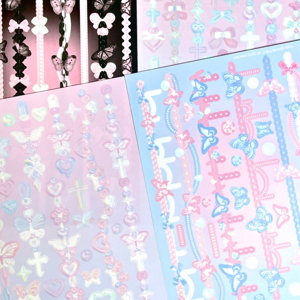 Y2K Pastel color butterfly chain sticker sheet, pearl chain stickers, bow chain, key charm sticker sheet, heart lace frame deco stickers