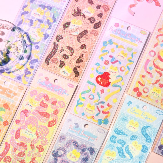 Kawaii Bunny & Bear Ribbon Laser Shiny Deco Sticker Sheet