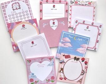 Romantic rose flower frame memo pad, kawaii pink heart notepad, non sticky sky cloud moon light notepad, goal planning memo paper