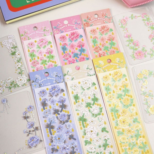 Peony deco sticker sheet, flower deco sticker, toploader, photocard making sticker