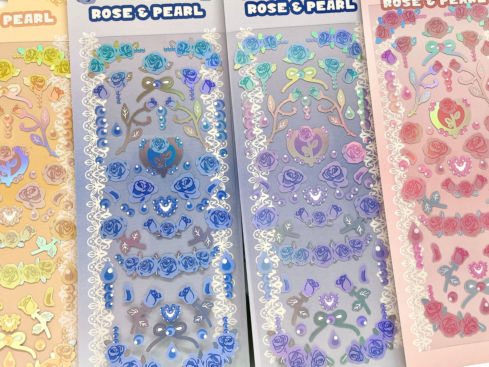 Holographic Rose Pearl Sticker Sheet Polco Kpop Toploader Etsy