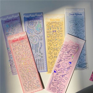 Feuille d'autocollants déco bling bling kpop, autocollants holographiques pour cadenas coeur, autocollant déco étoile de lune à chargement par le dessus, méduse, baleine, noeud rose,