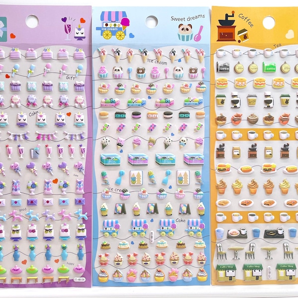 3D puffy tiny deco sticker sheet, ice cream stickers, coffee sticker sheet, cafe shop stickers, tea time stickers, cup cakes stickers