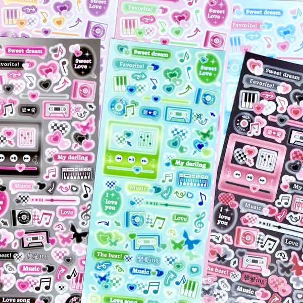 Y2K sweet dream stickers, I love you sticker, pastel color music note, CD player, music tape, grid heart butterfly deco sticker sheet