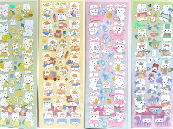 10 Sheets Korean Deco Stickers Set, Kpop Potocard Korean Stickers with Cute  Rabbit Bear Cat Dessert Flower Ribbon Animal, DIY Colorful Glitter Self