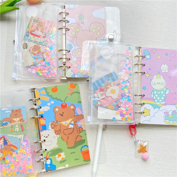 Kawaii PVC clear cover 6 rings note book, A6 note book with paper refills, planner with charm, pen, journal, school supply