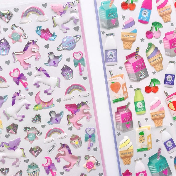 Kawaii epoxy sticker sheet, ice cream sticker, candy bar sticker, unicorn sticker sheet