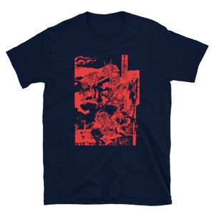 May include: Navy blue t-shirt with a red print of a Japanese woodblock print depicting a scene of mythical creatures. The print includes Japanese text.