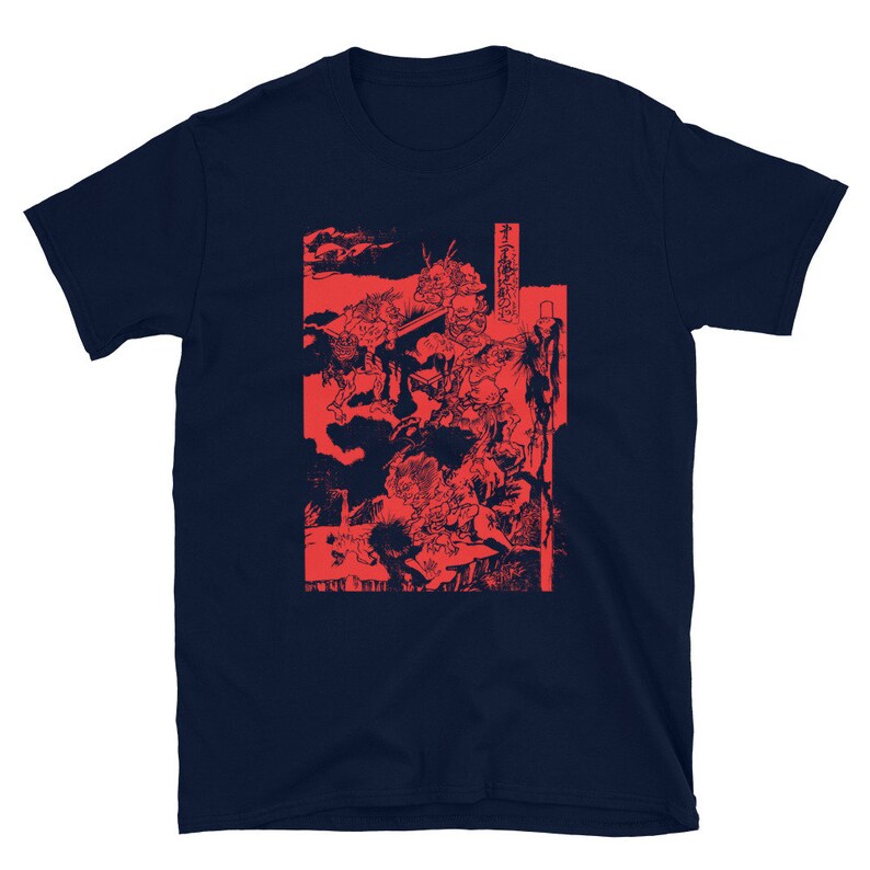 May include: Navy blue t-shirt with a red print of a Japanese woodblock print depicting a scene of mythical creatures. The print includes Japanese text.