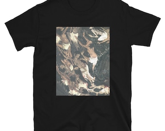 May include: Black t-shirt with a graphic print of a group of people in a chaotic scene. The people are depicted in a dark, shadowy setting, with some appearing to be falling or struggling.