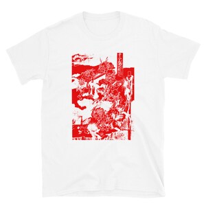 May include: White t-shirt with a red print of a Japanese woodblock print depicting a scene of mythical creatures. The print is in a red color and features a variety of creatures, including dragons, demons, and other mythical beings.