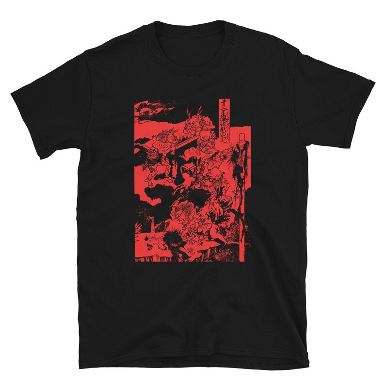 May include: Black t-shirt with a red print of a Japanese woodblock print depicting a scene with multiple figures. The print is in a traditional style and features intricate details.