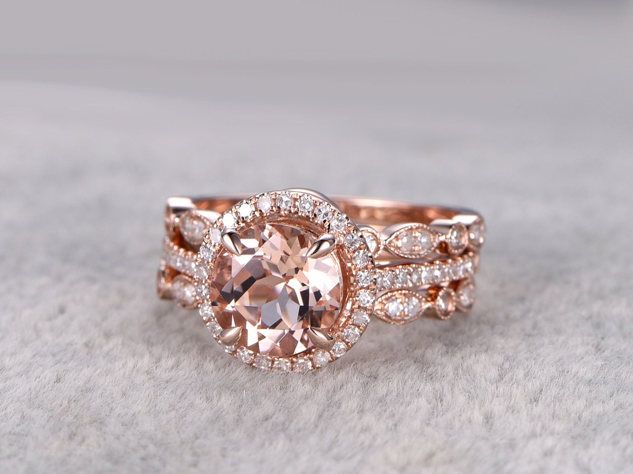 Morganite Engagement Ring Set in 14K Rose Gold Silver - Etsy