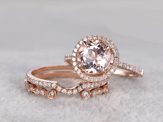 Morganite Engagement Ring Set in 14K Rose Gold Silver | Etsy