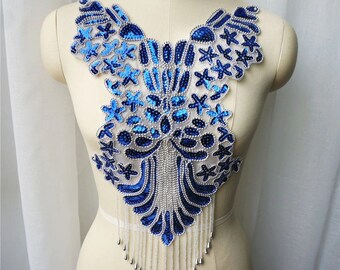 Gold on blue sequins lace fabric Baroque design evening dress bridal