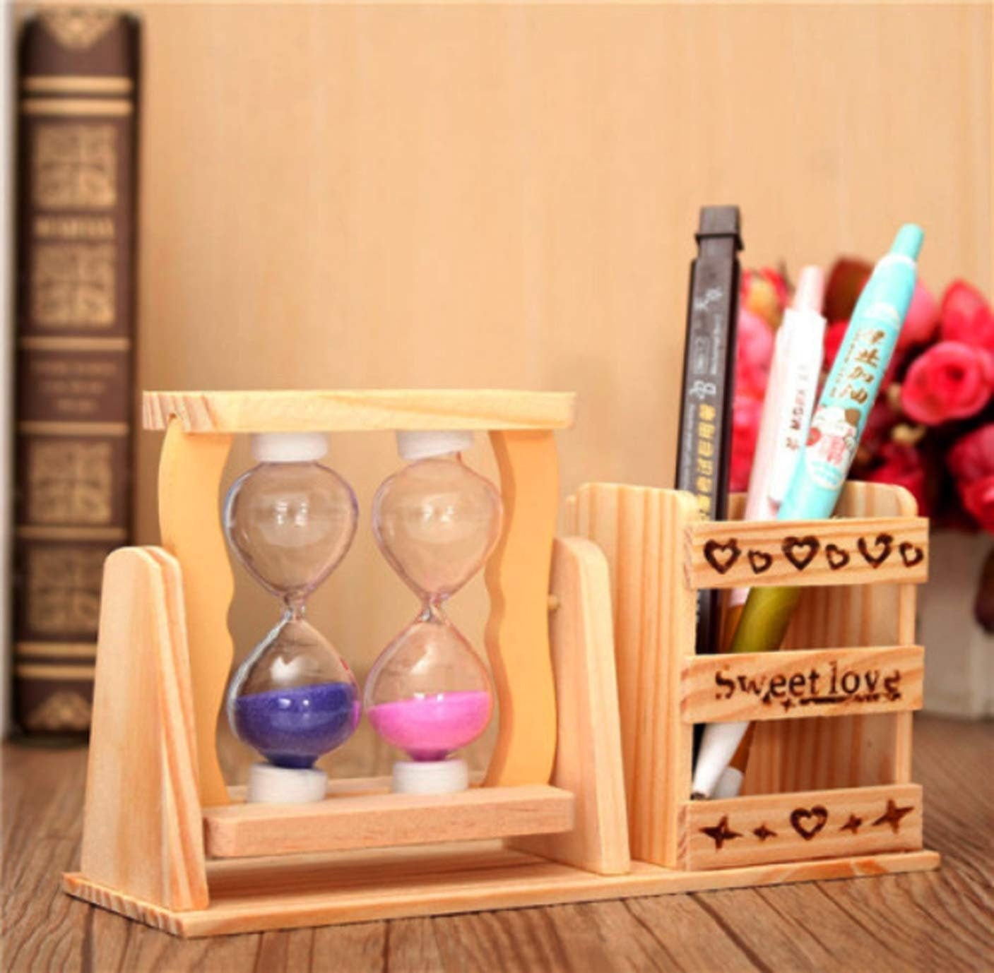 Handmade Wooden Pen stand with Colorful sand timer Wooden Etsy