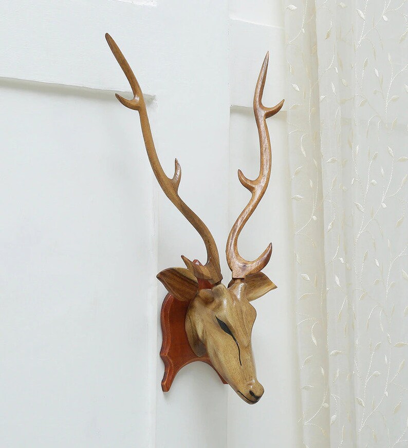 Wooden Deer Head Wall Decor Carved Deer Head With Antlers Etsy