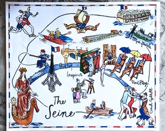 May include: A watercolor illustration of the Seine River in Paris, France. The illustration features landmarks like the Eiffel Tower, Notre Dame Cathedral, and the Pont Neuf bridge. There are also people enjoying activities like boating, sunbathing, and dancing. The text "The Seine" is written in a decorative font at the bottom of the illustration.