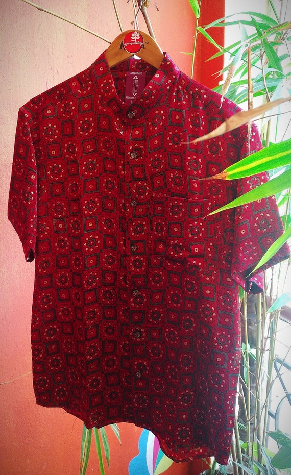 Luxurious Ajrakh Handblock printed Designer Silk Shirt.