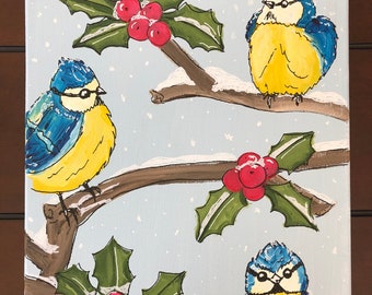 14x11" Acrylic Holly Birbs in Snow