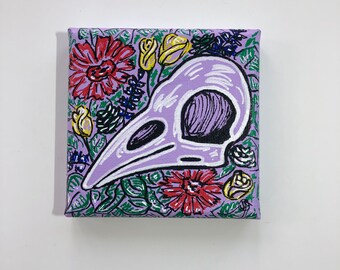 Bird Skull and Flowers Original Acrylic Painting (Small 4x4in)