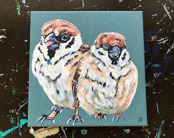 Cute Sneezing Sparrows Original Acrylic Painting (8x8in)