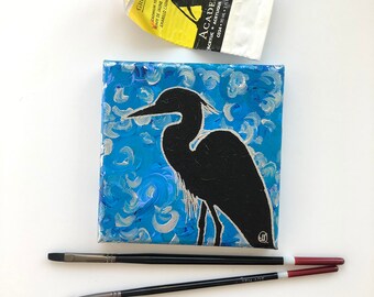 Heron Silhouette with Abstract Blue Background Original Acrylic Painting (Small 5x5in)