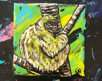 Green Sloth Original Acrylic Painting (Small 4x4in)