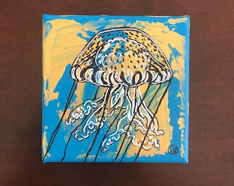 Blue & Gold Jellyfish Original Acrylic Painting (Small 4x4in)