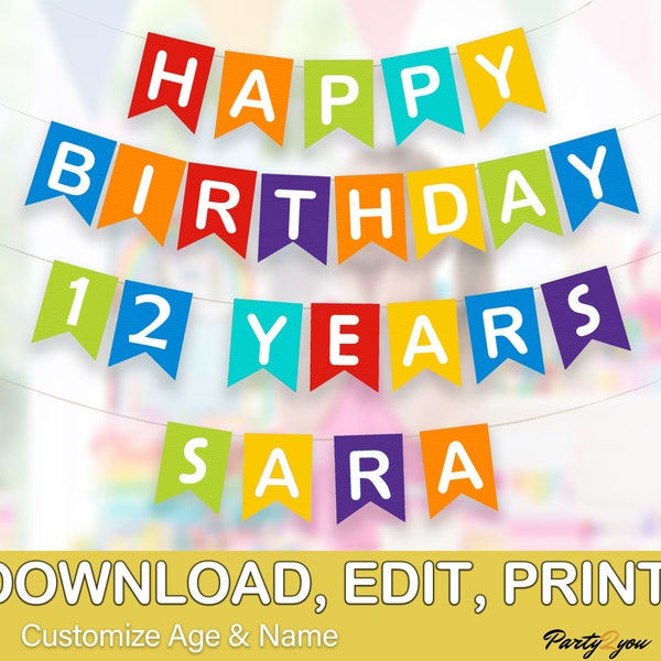 Printable Editable HAPPY BIRTHDAY banner Template / Rainbow colors for boys and girls / Numbers and Years /Instant download