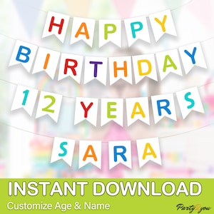 Printable HAPPY BIRTHDAY banner / Numbers and Years / Editable name /Instant download & Print