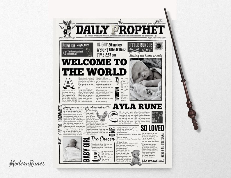 Daily Prophet Baby Birth Poster Nursery and Birth Announcement image 1