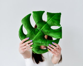 Monstera pillow for tropical home decor, Monstera deliciosa shaped leaf cushion gift for plant lover, Plush Soft velvet pillow