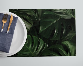 beach boho table placemat table runner, Tropical Monstera Leaf Print Placemat Set - Set of 4 or 6 - Exotic Dining Decor - Eco-Friendly