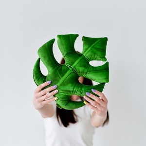 Monstera deliciosa shaped leaf cushion Christmas gift for plant lover, Monstera pillow for tropical home decor, Plush Soft velvet pillow image 9