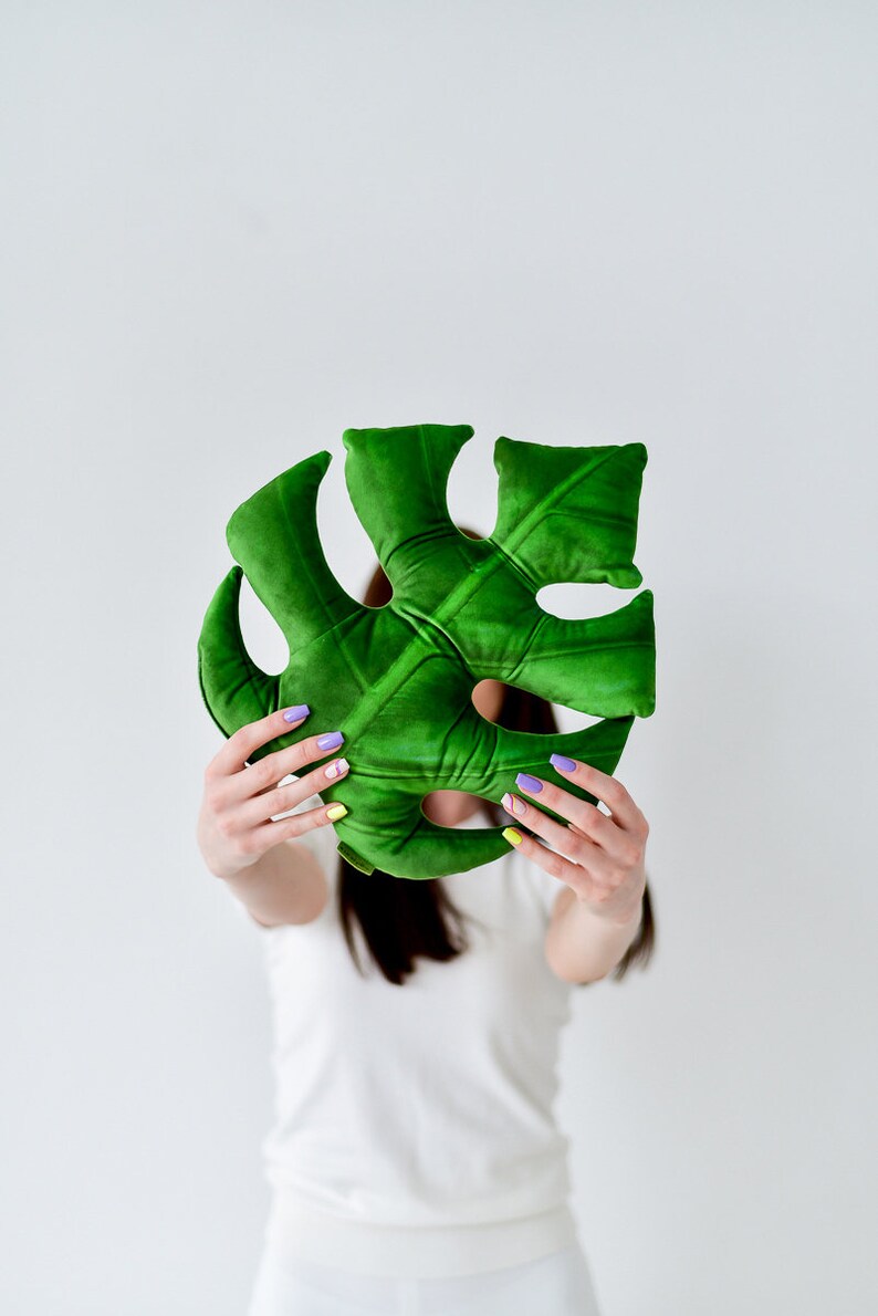 Monstera deliciosa shaped leaf cushion Christmas gift for plant lover, Monstera pillow for tropical home decor, Plush Soft velvet pillow image 9