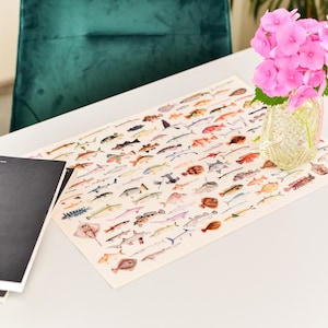 Vintage fish decor gift with ocean theme print. Crustacean core theme square table placemats for sustainable living.