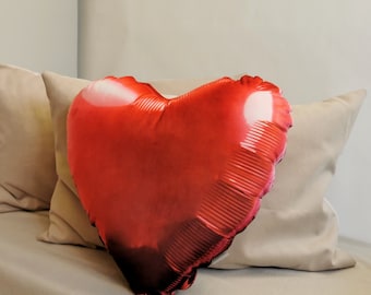 Red heart Foil Balloon realistic looking pillow, Balloon red  plush, Funny cute stuffed party decor cushion, Unique gift kid birthday plush